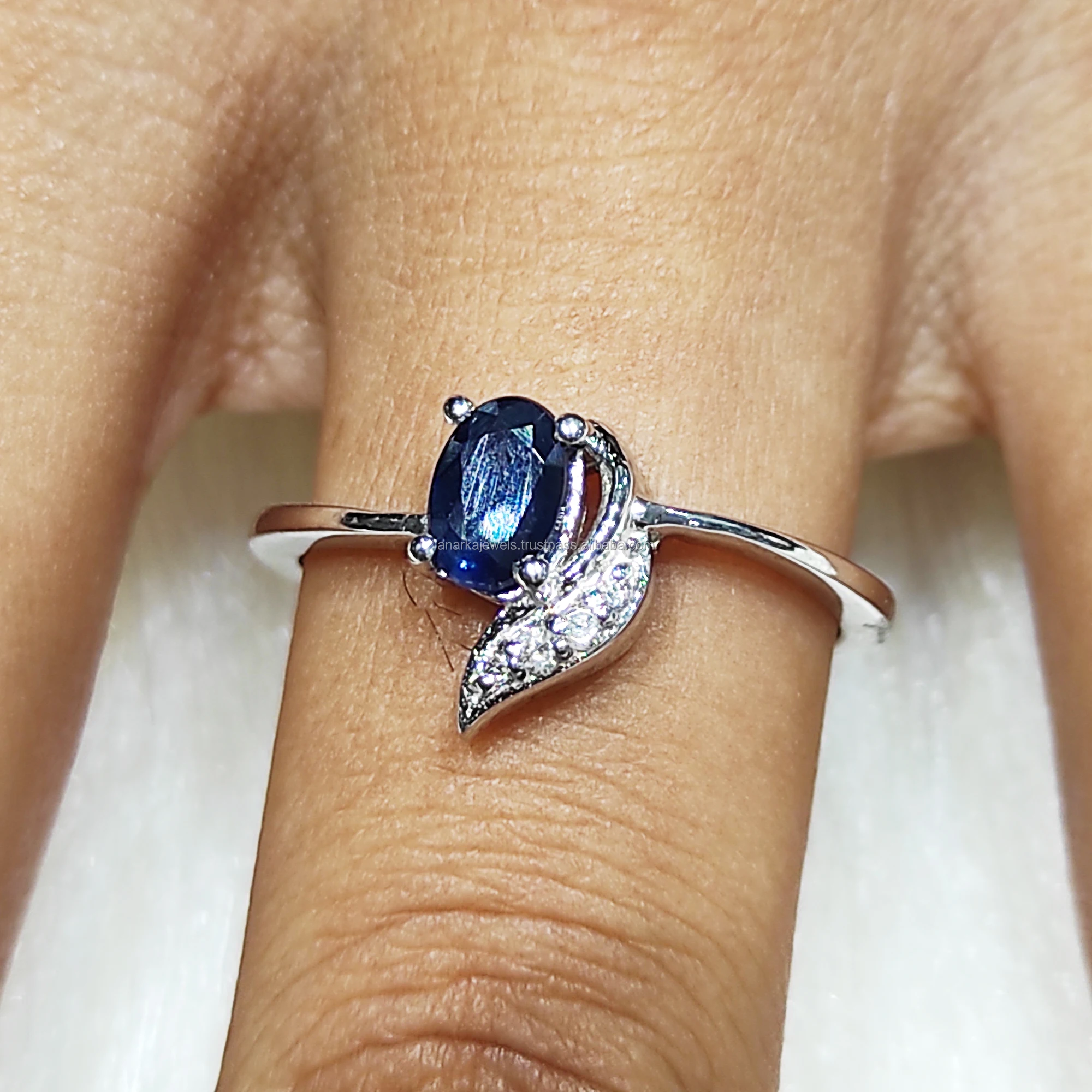 Sterling Silver Natural Blue Sapphire Precious Gemstone Diamond Ring