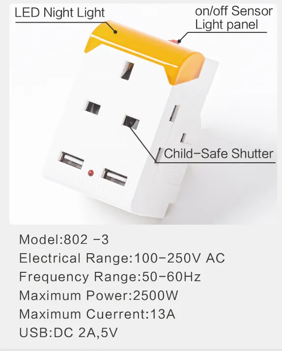 2021 hot all in one multi adapter with 3 UK plugs two  USB ports and LED night light Electrical Equipment Power Adaptor