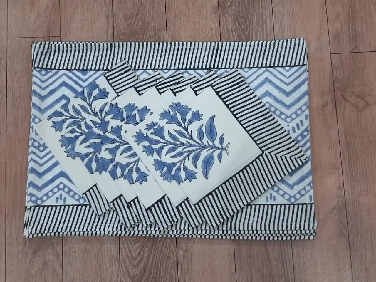 Premium Quality  Indian Cotton Hand Block Print Floral Table Mats & Napkin Set of 6 Napkins & 6 Mats