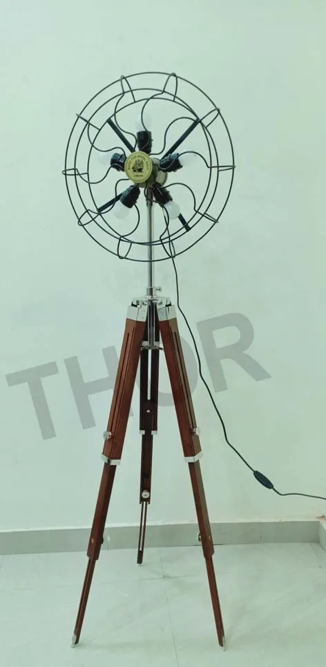 Nautical Spot Light Fan Floor Lamp Tripod Wooden Stand  Home Decorative Item