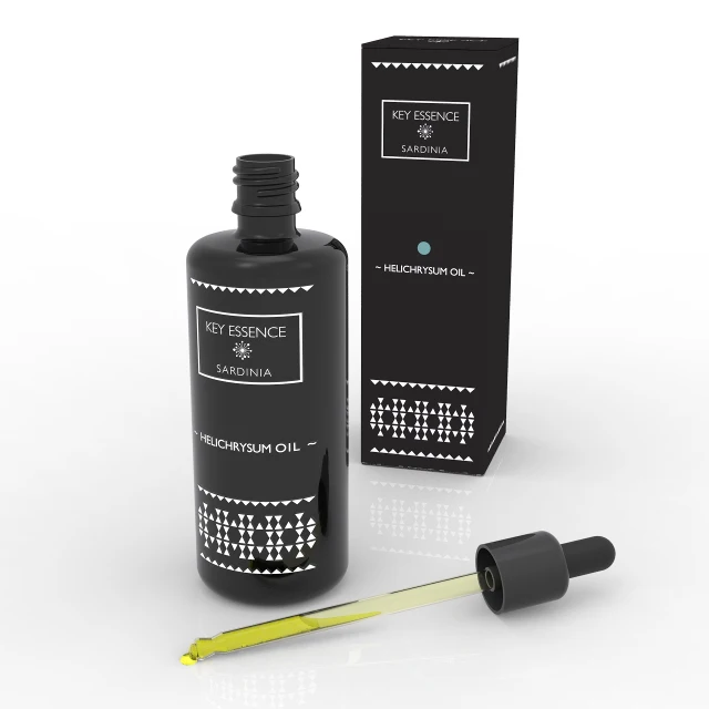 Finest Italian Cold-Extracted Sardinian Helichrysum Oil in a black glass bottle of 100 ML with dropper