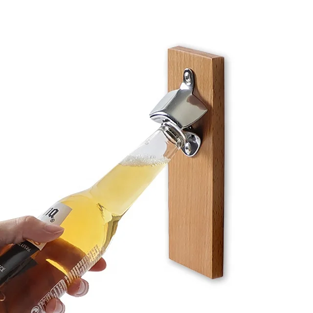 Personalized Metal Magnetic Cap Wall Mount Beer With Cap Catcher Wood Bottle Opener