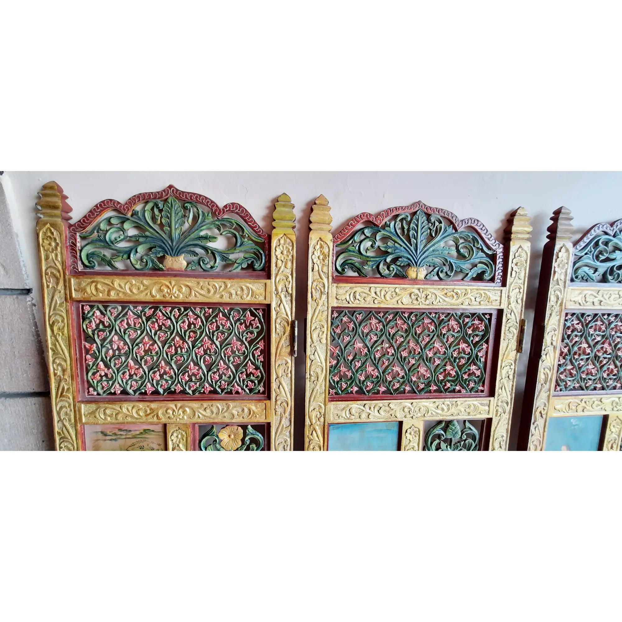 Indian Hand Painted Screen partition wall for room decoration Hand Carved With 24K Pure Gold 4 Panels Folding Room Divider
