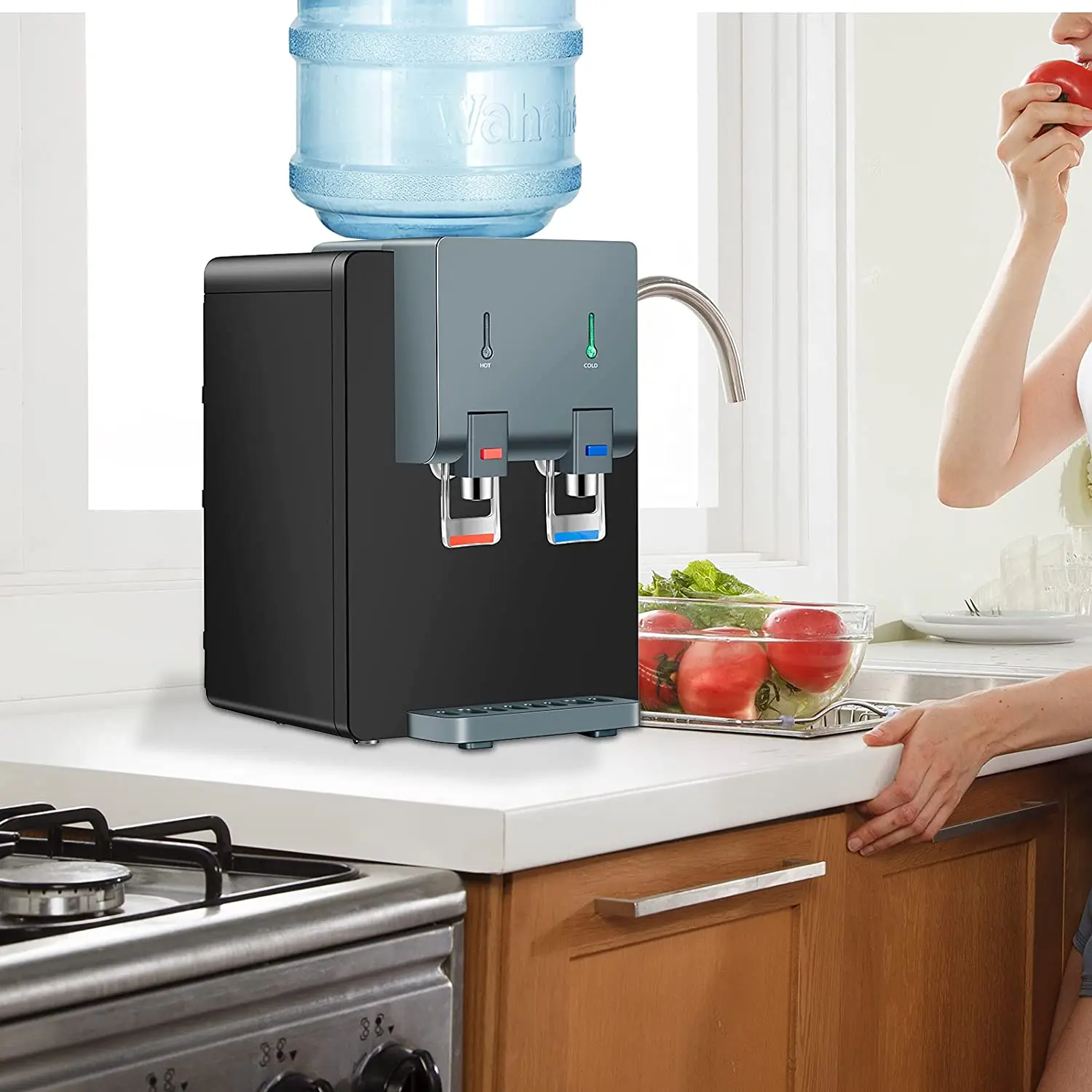 Premium Countertop Water Cooler Dispenser, Holds 3 or 5 Gallon Jug Top Loading, Hot and Cold Water