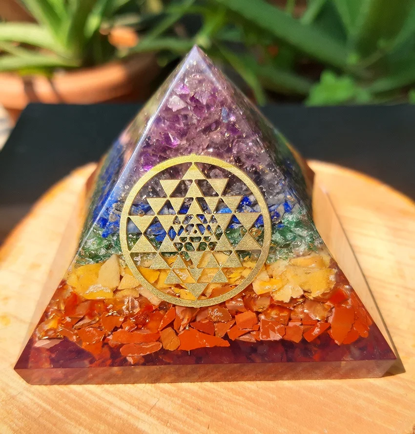 Genuine 7 Chakra Stone Orgone Pyramid With Sri Yantra Symbol, Orgonite Meditation Pyramid with Crystal Healing Stones for Reiki