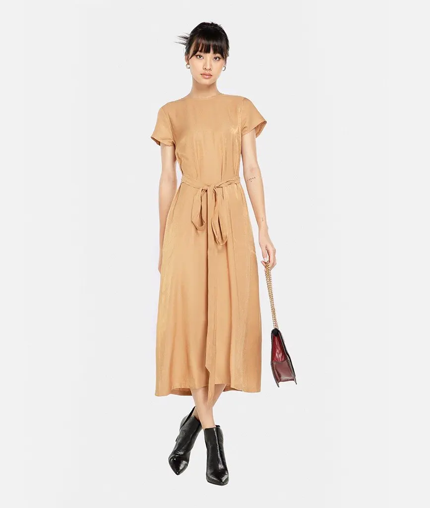 OEM/ODM New Arrival Custom High Elastic Solid Color Elastic Band Ruffled Women Round Neck Short Sleeve Maxi Made in Vietnam