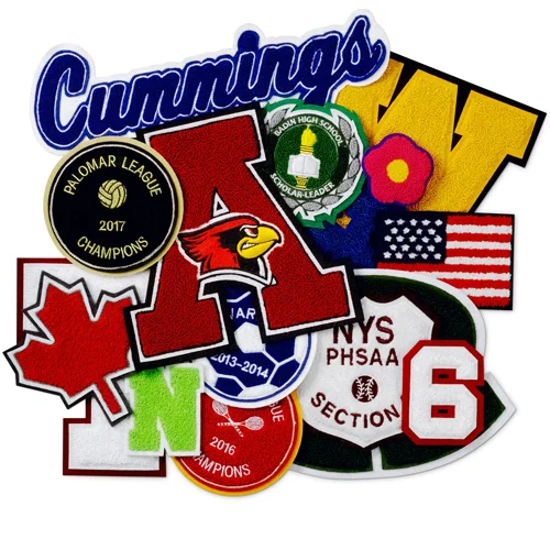 Custom letter mascot number nameplates academic chevrons stars bars letterman jacket hoodie embroidery chenille patches