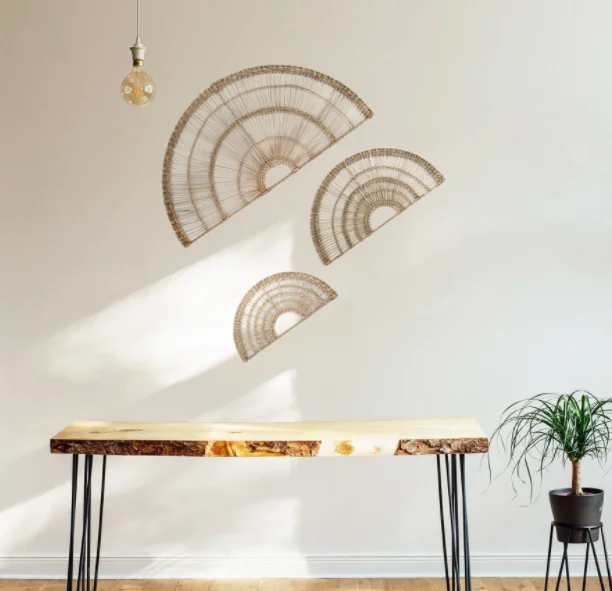 Set of 3 Natural Seagrass Woven Fan Wall Decor with Metal Frame from Vietnam Supplier