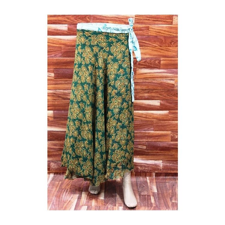 Hot Selling Beautiful Orange Color Vintage Recycled Silk Sari Wrap Around Skirts with Casual Belt and Lovely Printed Design