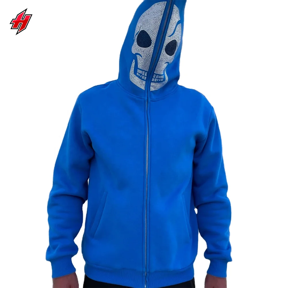 Оптовая продажа Высококачественная синяя хлопковая толстовка с надписью во французском махровом стиле со стразами Мужская на молнии