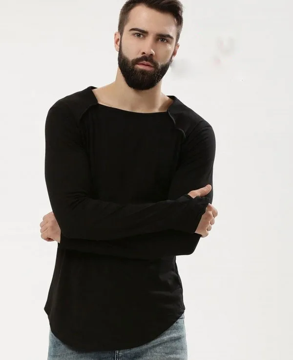 Super Soft Touch Longline Curved Hem Square Neck With Thumbhole  Cotton T Shirt Men Wholesale Top Quality