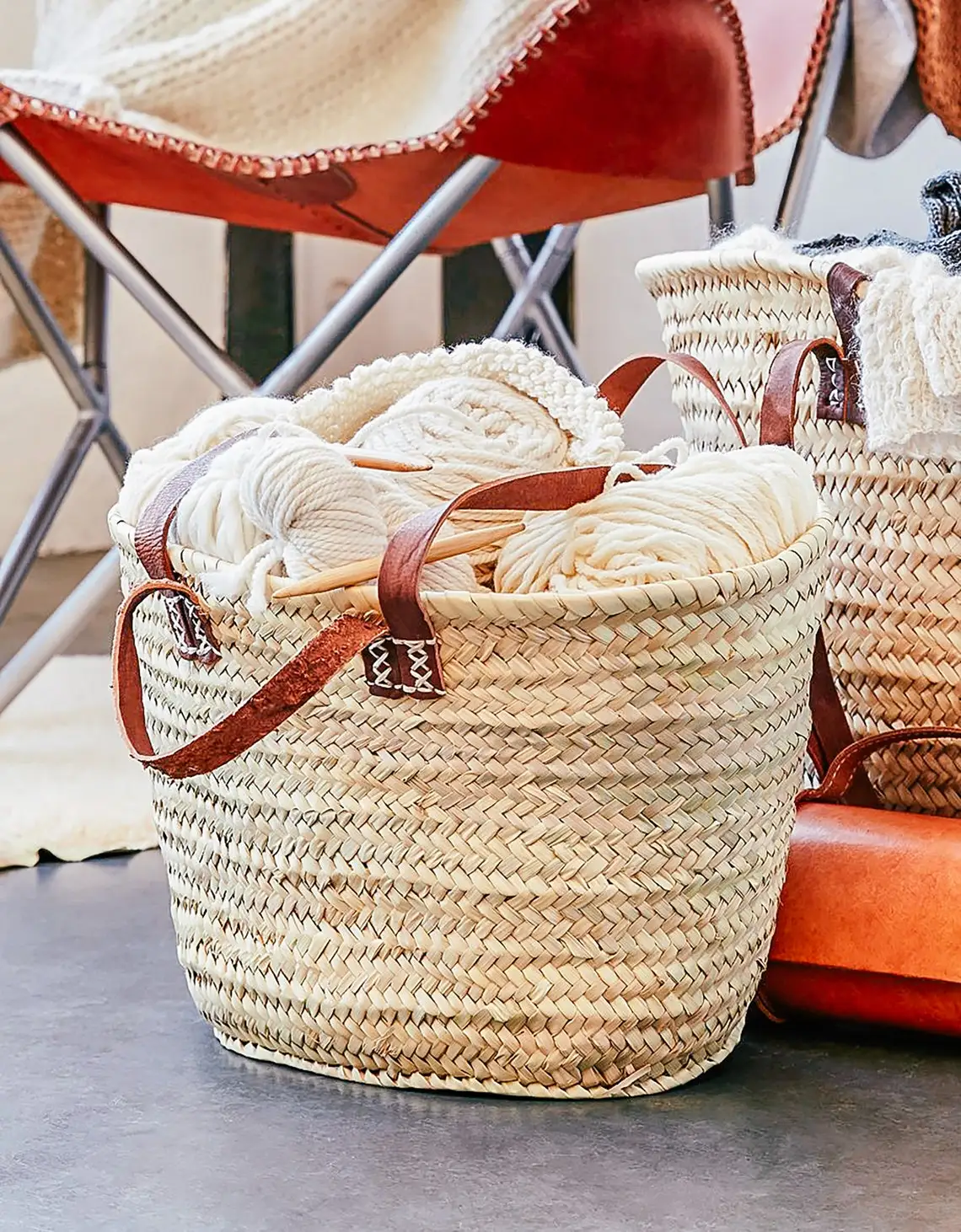 Large BEACH BASKET XL with double Short And Long Leather Handles,