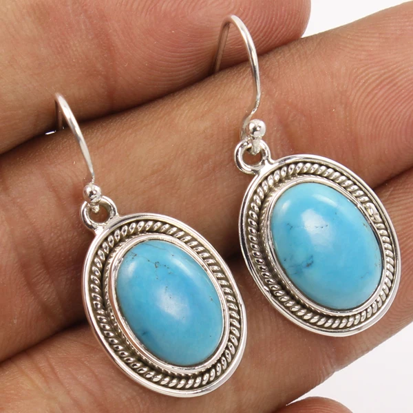 New Arrival 100% Natural Handmade Oval Cut Faceted Turquoise Sterling Silver Gemstone Dangle Earring Jewellery Gift For Her