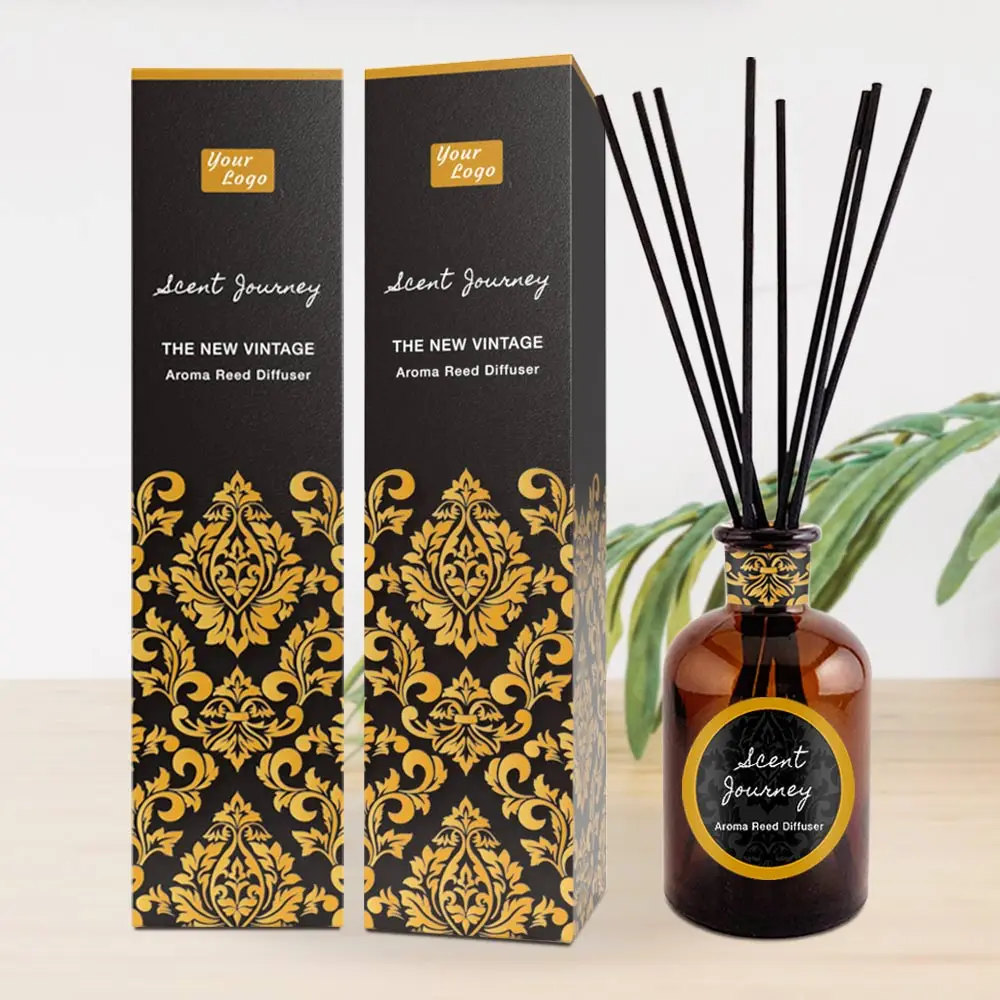 Private Label Aroma Oil Reed Diffuser Rattan Sticks Home Decor Gifts Black Glass Bottle Luxury Home Fragrance