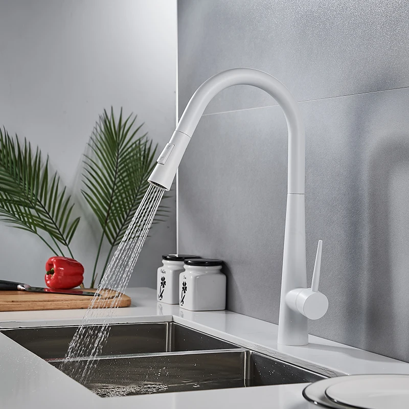 Modern High Grade White Copper Flat Head Three-way Horn Pull out Down Kitchen Tap Faucet