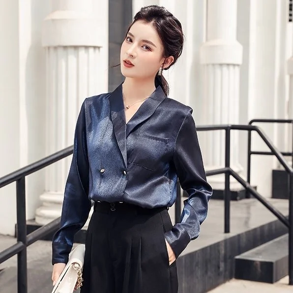 
2020 Wholesale Latest Design French Suit V-neck Satin Long-sleeved Design Shirts Women Western Style Office Wear Blouses 