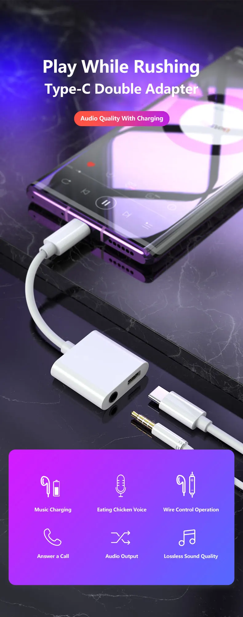 USB-адаптер типа c зарядное устройство аудиокабель 2 в 1 USB Type-c до 3 5 мм адаптер