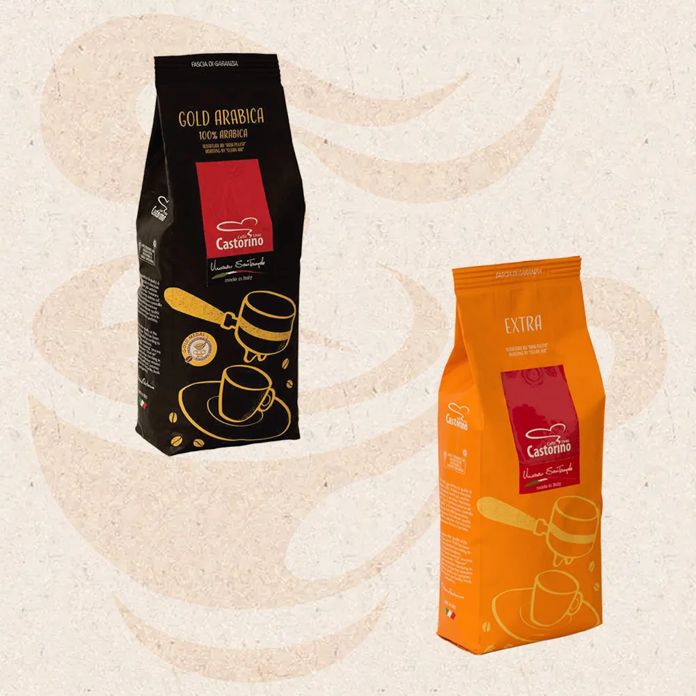 Premium quality Castorino Italian Whole Bean Coffee 1 kg GOLD ARABICA and 1 kg MISCELA EXTRA 70% Robusta for home / HO.RE.CA.