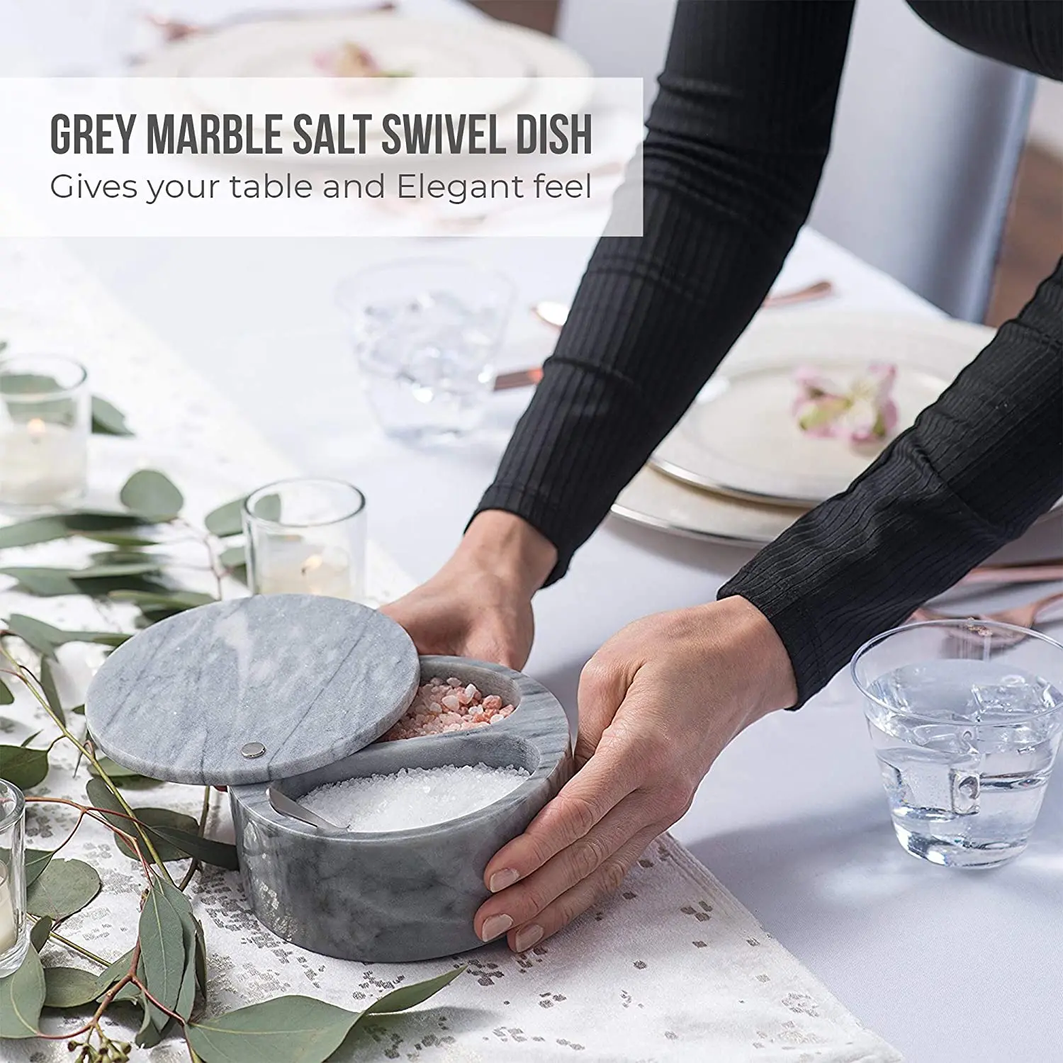 Marble Salt Box Herb & Spice Tools Spice & Pepper Shakers Dual Compartment Elegant Home Kitchen Restaurant Square All-season