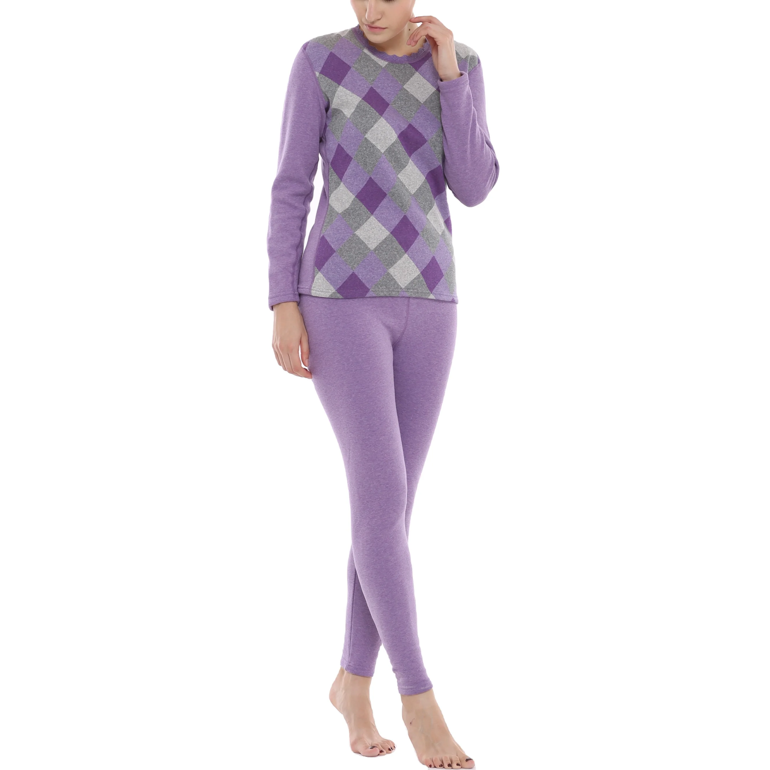 
Scotland Style Fleece Lace Edge Long Sleeve Shirts Underwear Set Lingerie Set Women Cotton & Spandex Flaur Pattern Plaid Purple 