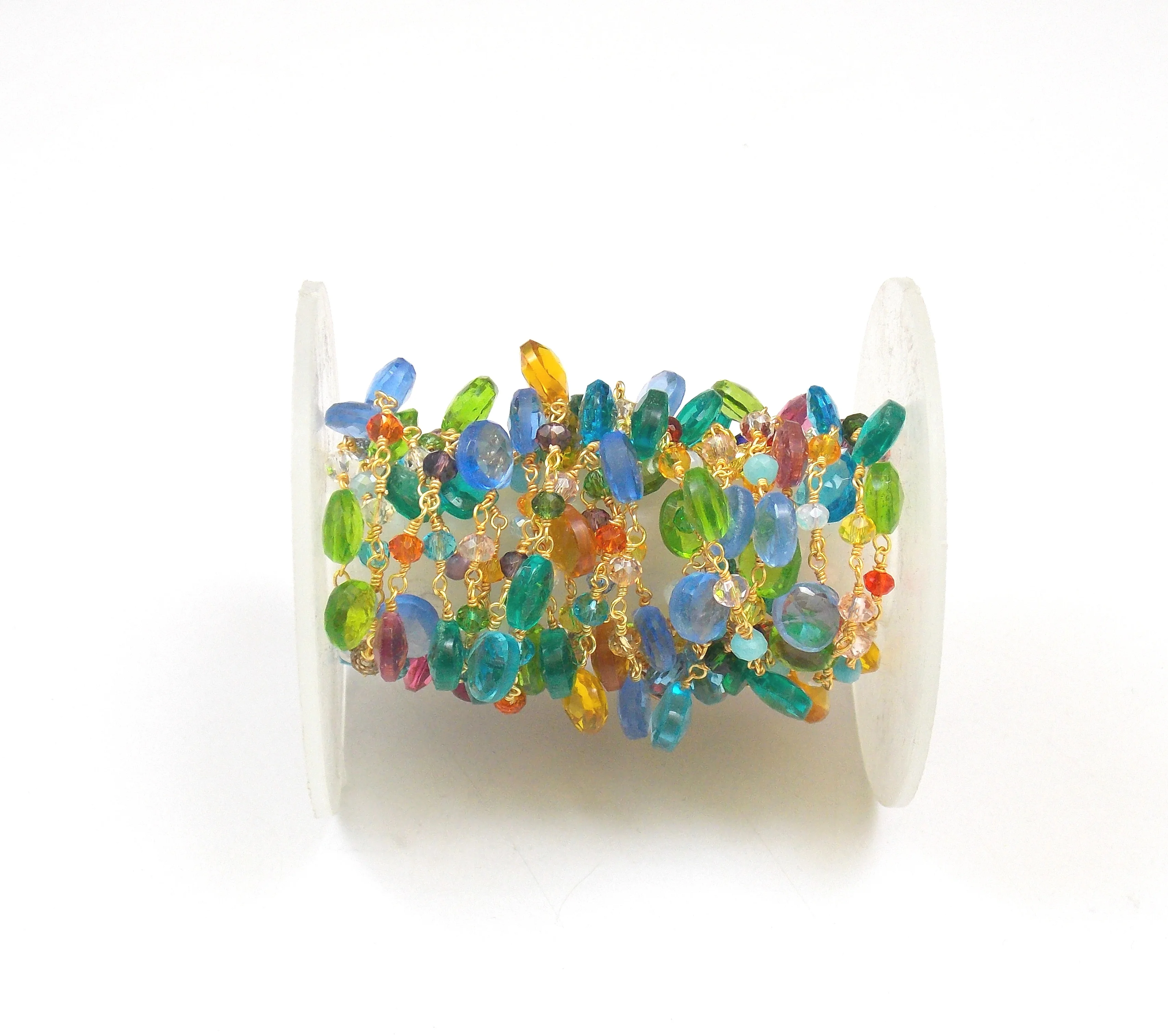 Multi Stone Wire Wrapped Handmade Natural Multi Gemstone   Gold Plated Beaded Rosary Coin Charm Chain