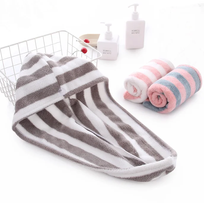 Water absorption quick dry microfiber coral fleece stripe luxury hair towel turban towel for woman