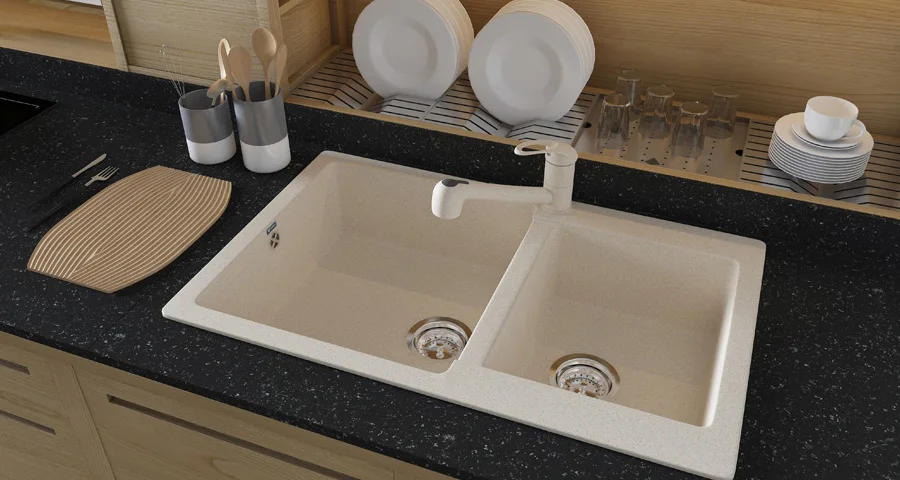 Durable composite kitchen sink ULGRAN U-402 with mixer tap hole, stone sink