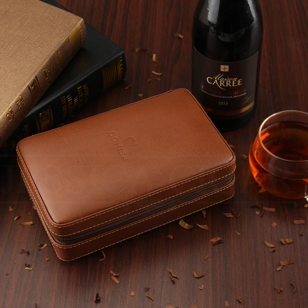 Portable Cedar Wood Cigar Humidor Box Travel Leather Wrap Cigar Case Storage 4 Cigars Box Humidor Humidifier for Sigar