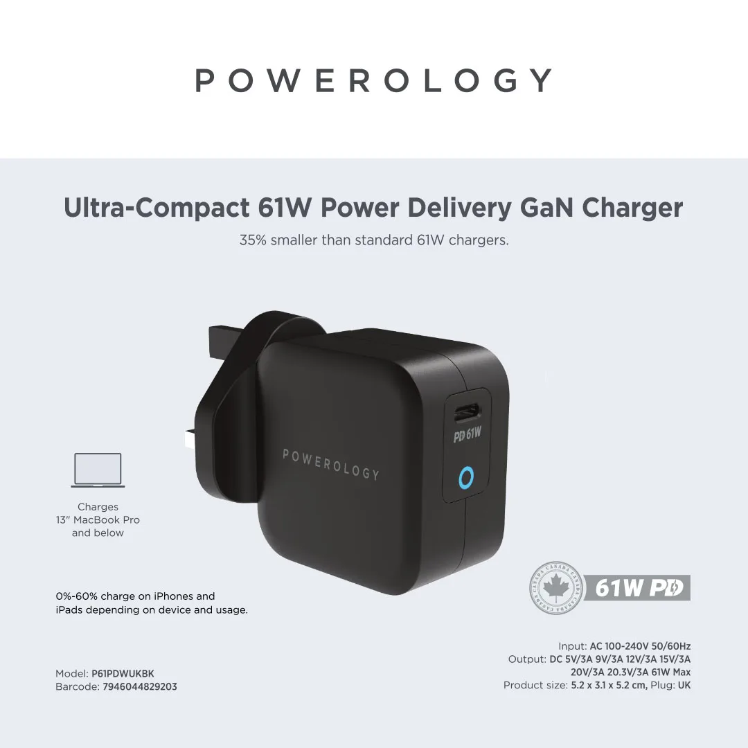 Powerology ультракомпактный 61W PD Ган зарядное устройство включает в себя 2 м/6.6ft USB-C для кабеля подходит macbook pro и других подобных