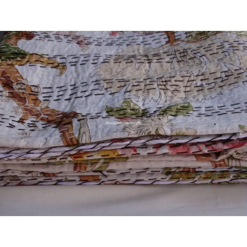 Индийское белое красивое цветочное покрывало Kantha оптовая продажа индийское Хлопковое одеяло ручной работы с цветочным принтом