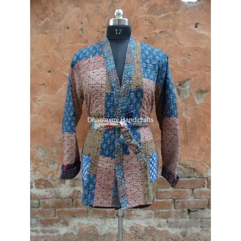 Wholesale Lot Indian Cotton Handmade Quilted Kantha Vintage Jacket With Belt Women Wear Vintage Kantha Ajrak Coat Ladies Blazer