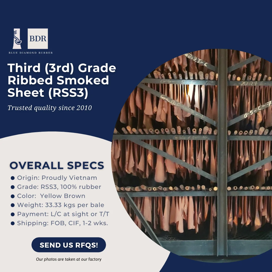 Ribbed Smoked Sheet - RSS3 Raw Rubber Material packaged every 33.33kg per bale ready to be shipped and fast delivery