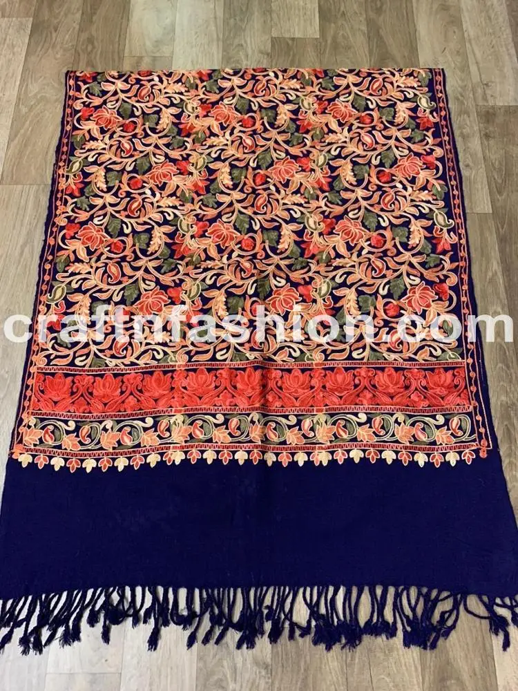 Pure Woolen Kashmiri Stole - Kashmiri Handwork Dupatta - Multicolored Scarf/Shawl/Neck Wrap - Floral Design Embroidered Stole