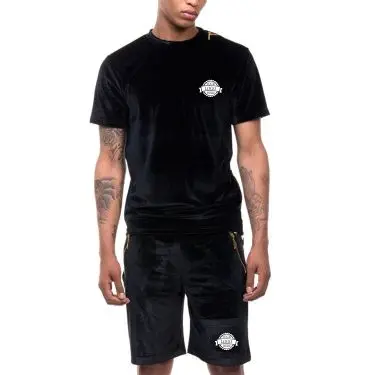  Оптовая продажа комплект из 2 частей для мальчиков с вышитым логотипом велюровый двойной шорты на шнуровке и футболка контрастным вырезом по низкой цене