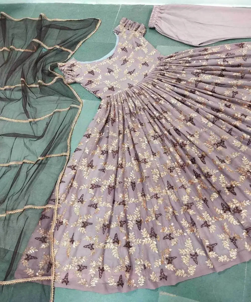 Fashionable georgette embroidery work with digital printed gown with dupatta wholesale price manufacturer for women textile