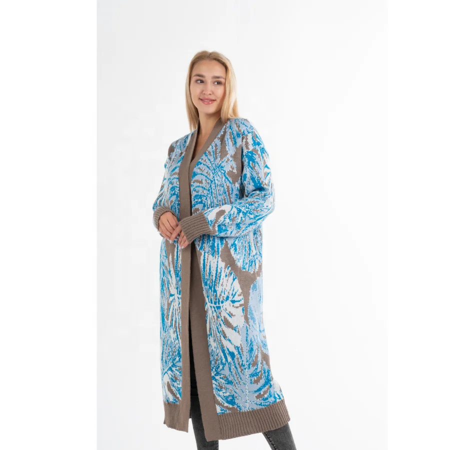 Женский длинный вязаный кардиган «Monsterra» с коричневым принтом, осень 2021, женская одежда