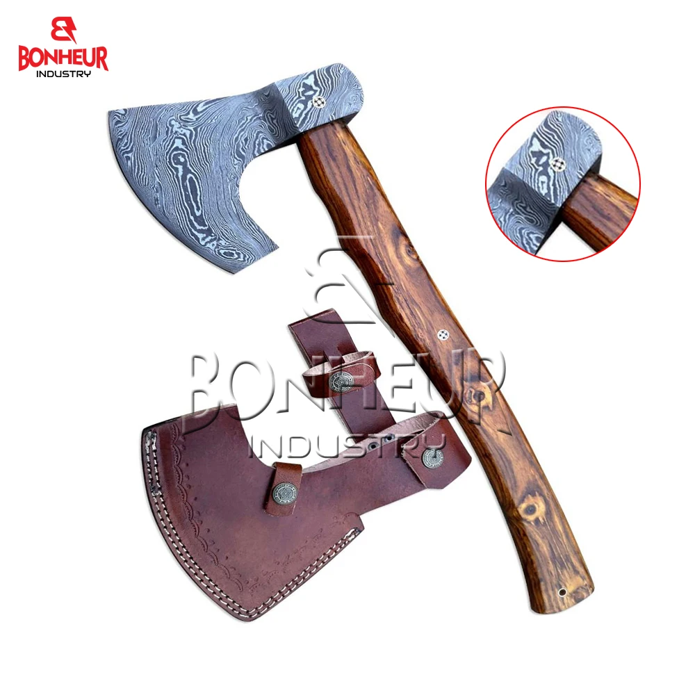 High Quality Hand Forged New Damascus Steel Viking Bearded Axe 14 Inch Wooden Handle