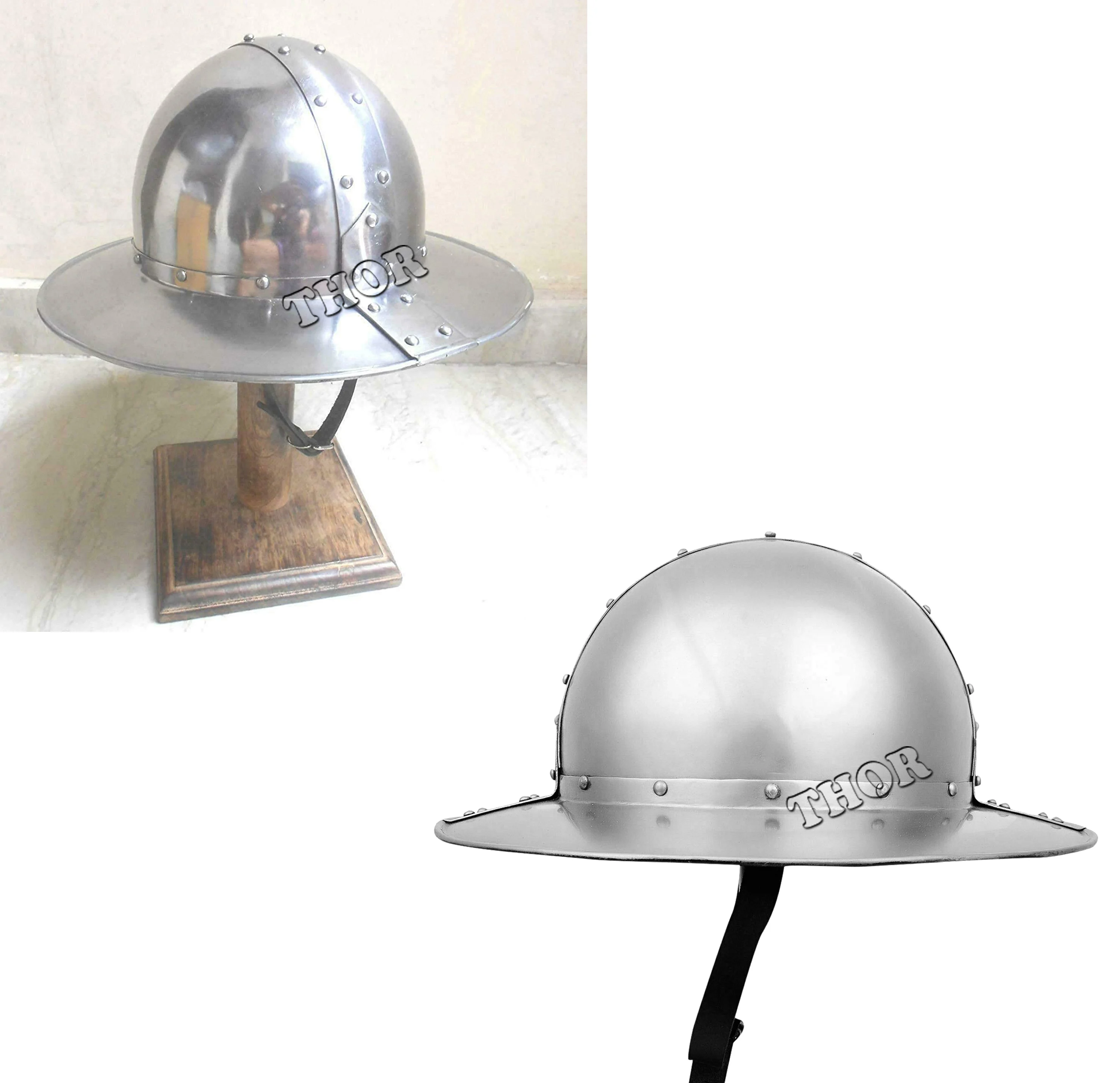 Medieval Banded Kettle Hat Steel Helmet with Leather Liner SIlver Polished W/Wooden Stand 18G Iron Steel
