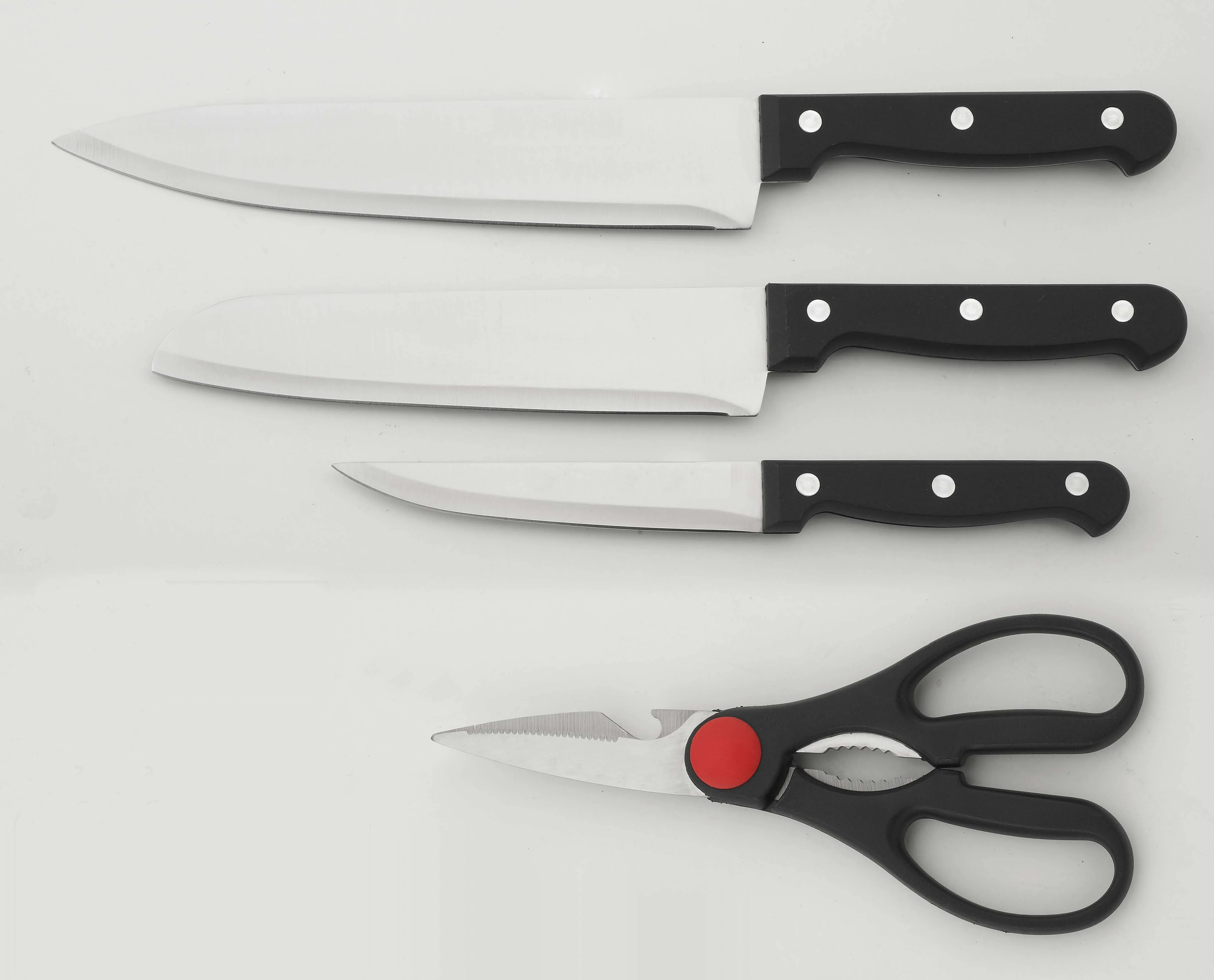 Yanjiang factory kitchen Chef Knife Set with steak knives full tang handle with 3 rivets, sharpener, shears in pinewood block
