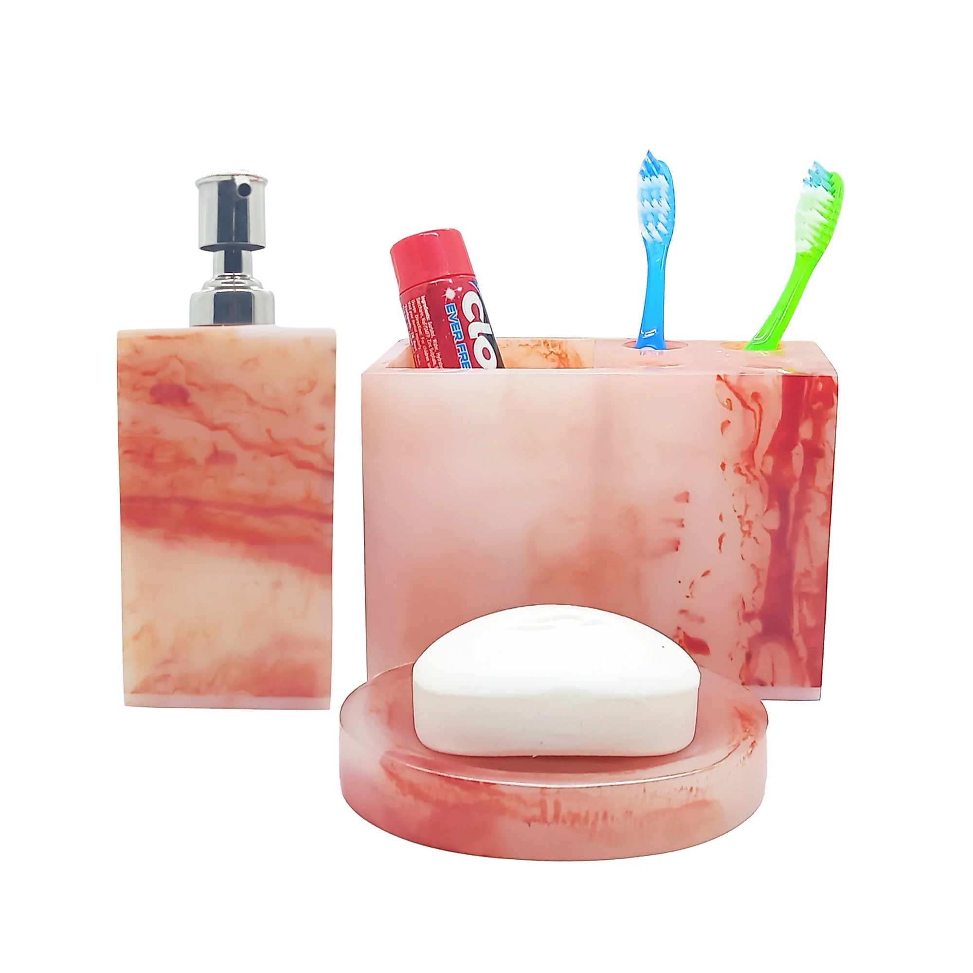 Resin Luxurious Bathroom Set Marble Look Bathroom Accessories Set 4 Pieces Dispenser Toothbrush Holder Towel Tray  Soap Dish