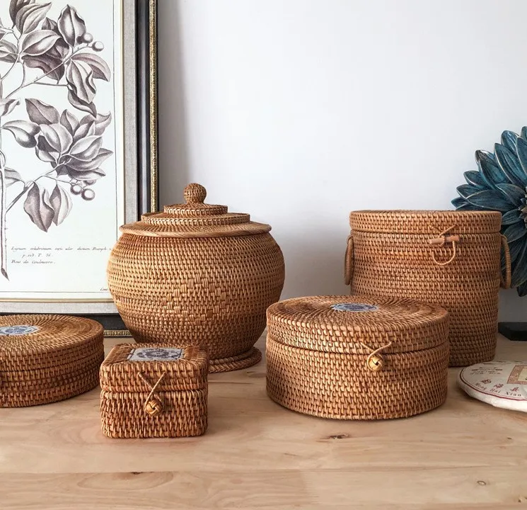 Плетеная коробка ручной работы из ротанга с крышкой, плетеная корзина для хранения ручной работы