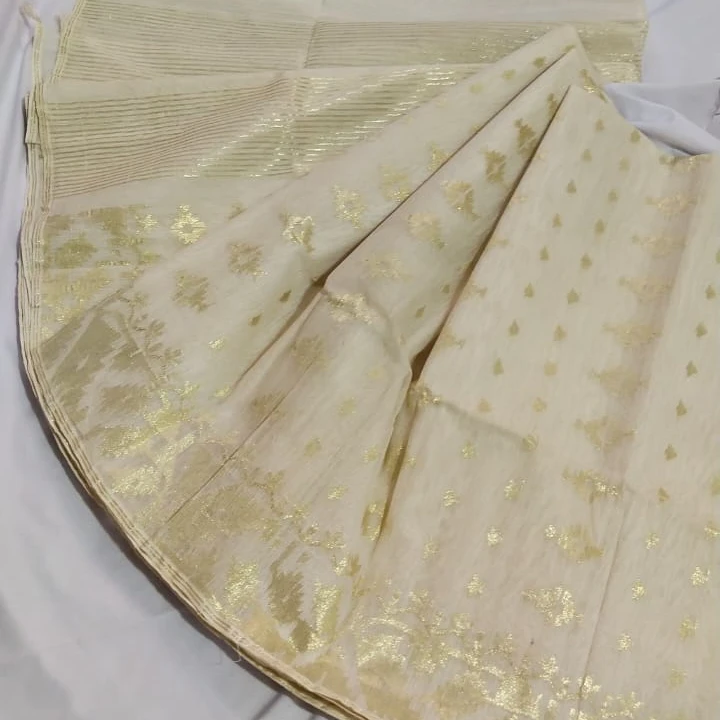 White-Gold Dhakai Deshi Jamdani Saree Cotton Fabric Handicraft Womens silk sari with zari weaving latest design muslin jamdani t