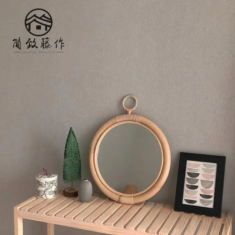 Wooden straw rope decorative mirror hotel  living room wallmirror round makeup mirror stick wall round mirror