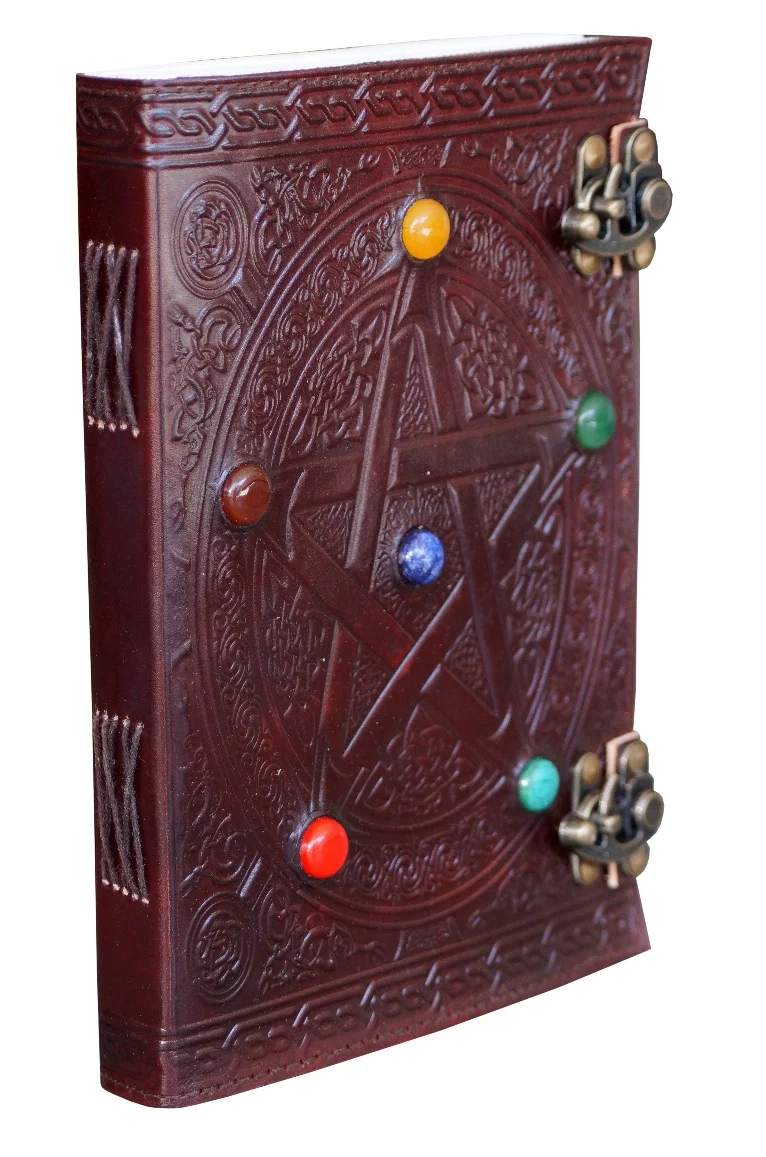 Handmade Pentagram Leather Journal, Large Celtic Embossed, Leather Journal With Lock, Grimoire, Notebook, Journal With Stone (10