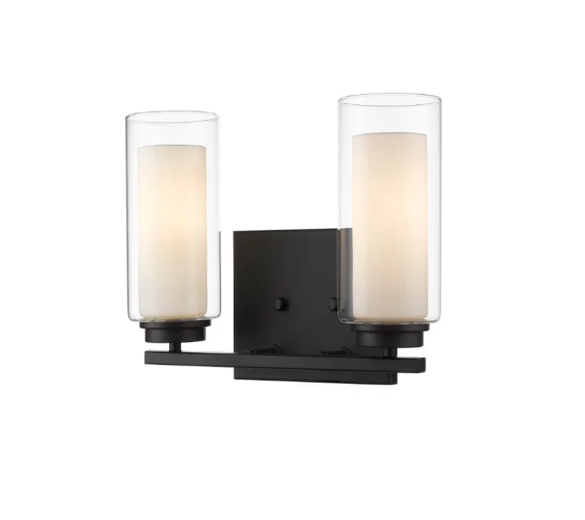 Contemporary Room Decorate LED 2-Light Black Vanity Light With Inner White and Outer Clear Glass Shade Cylinder Wall Sconce