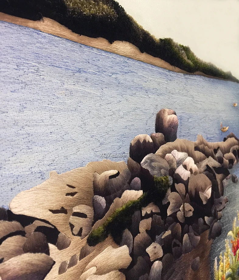 Vietnamese Traditional Embroidery Artworks Sound Of The Ocean Seascape Two Sides Hand Embroidery Paitings