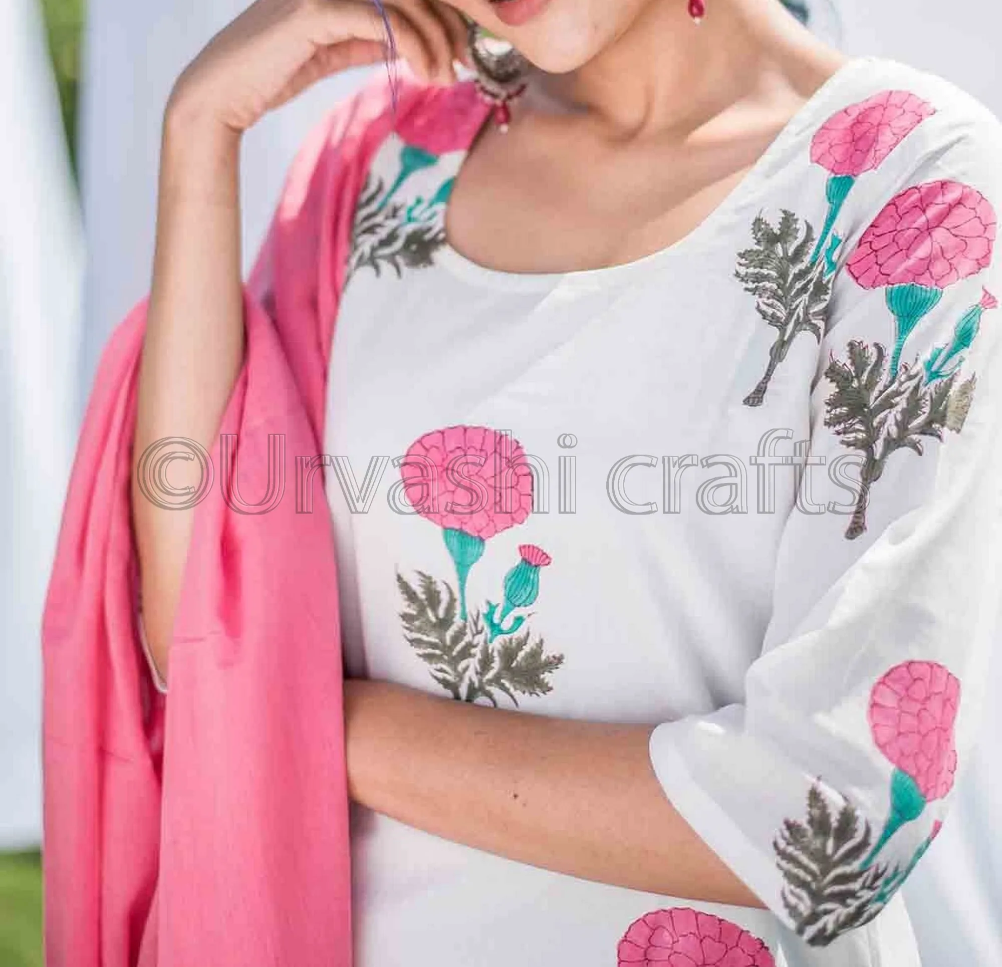 Indian Ethnic Apparel Two Piece Set Women Clothing Hand Block Printed Pink And White Indian Kurtis With Palazzo Pants