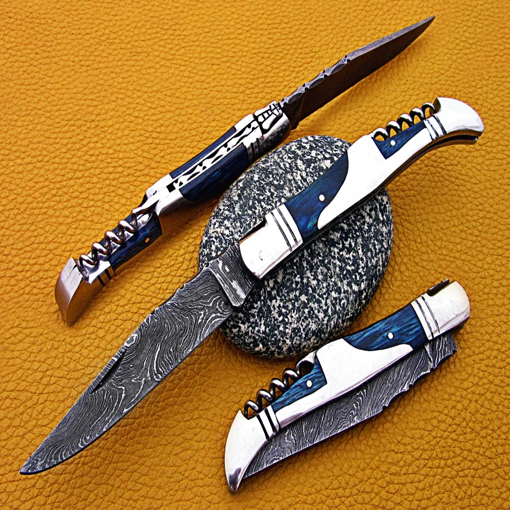 100% оптовая продажа высокое качество ручной работы Дамасская сталь складной нож/карманный нож для повседневного использования, с деревянной ручкой и кожа оболочки SCW-FK-0065
