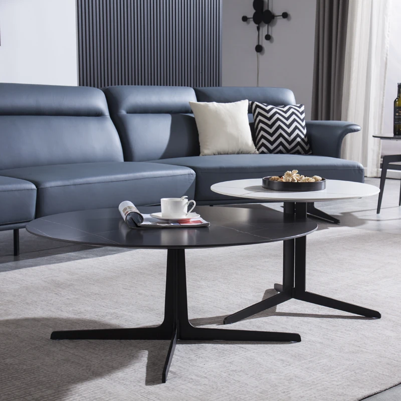 Circular Stylish Black Metal Trunk Stand Sintered Stone Metal Base 103-C9113 Marble Top Coffee Table