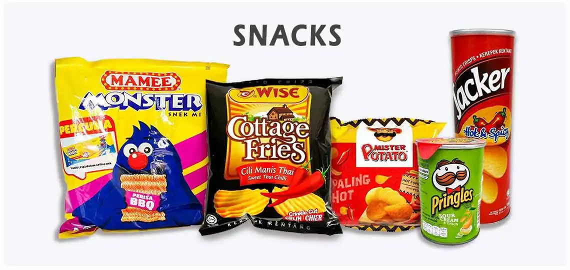 Halal Premium Quality Snacks with Potato chips, vegetable chips with various flavours, nut & kernel snacks